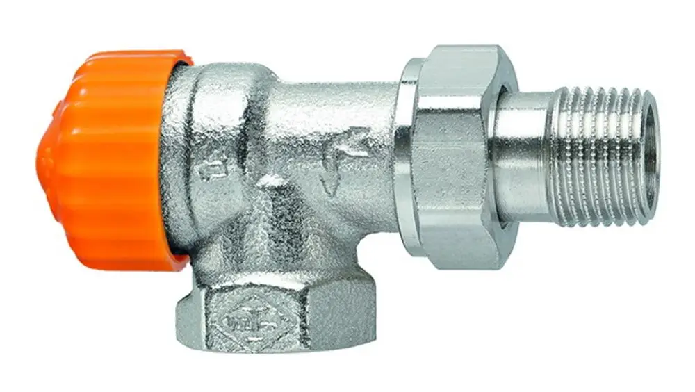 Thermostatventilunterteil in Metall mit oranger Kappe, von IMI Hydronic Engineering, zeigt eine umgekehrte Flussrichtung und axialen Anschluss.